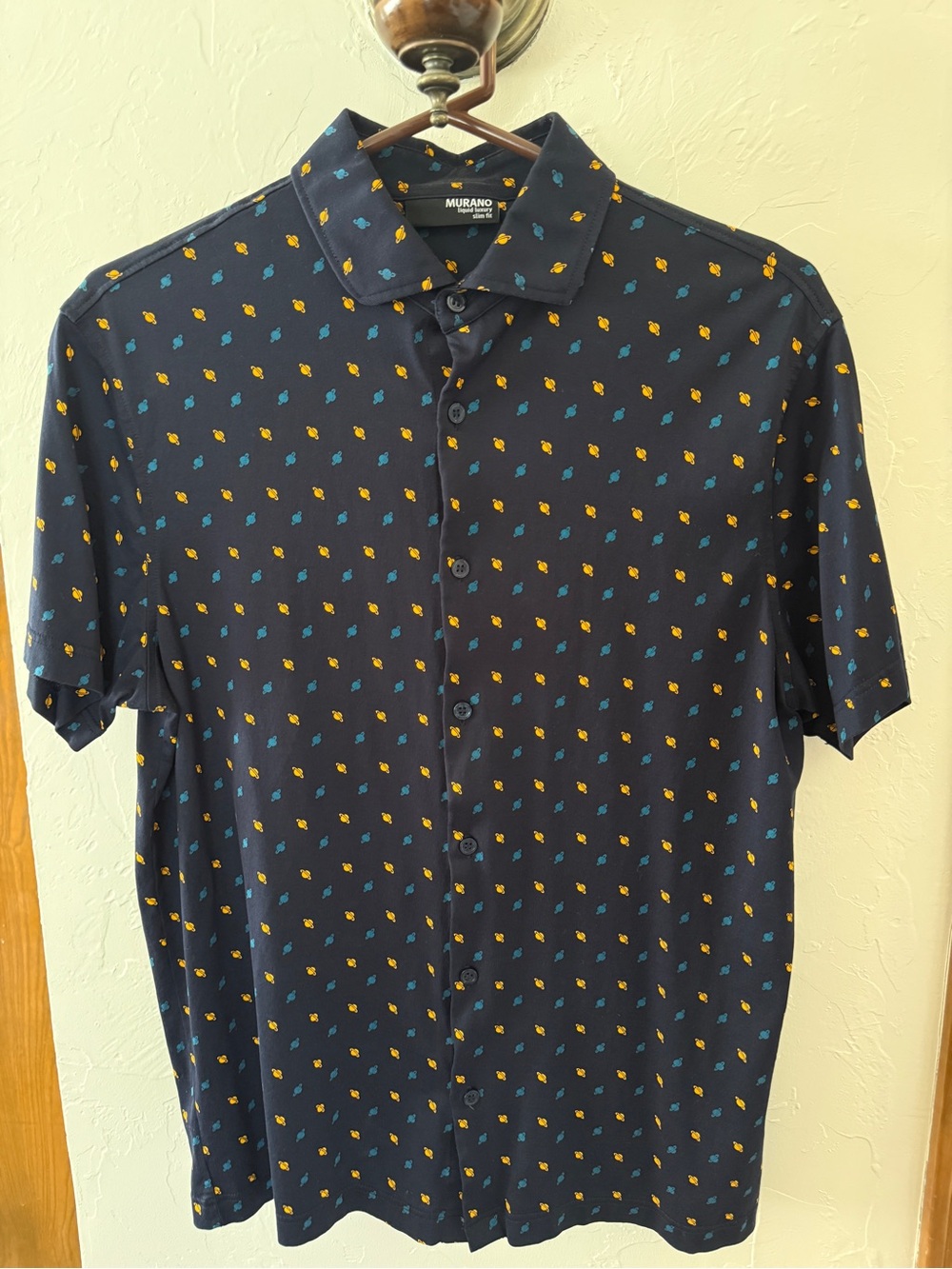 Murano Men's Navy Short Sleeve Button-Up Shirt with space print